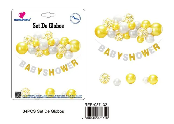 Set de globos con guirnalda de Baby Shower dorado y plateado