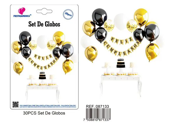 Set de globos con guirnalda de Feliz Cumpleaños negro y dorado
