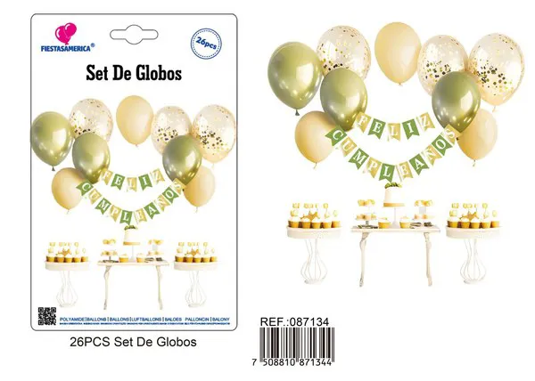 Set de globos con guirnalda de Feliz Cumpleaños dorado y verde