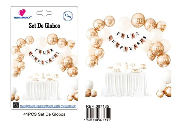Set de globos con guirnalda de Feliz Cumpleaños oro rosa