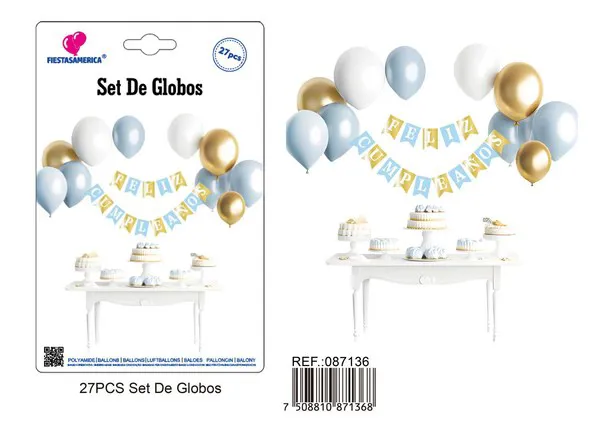 Set de globos con guirnalda de Feliz Cumpleaños dorado y azul