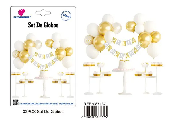 Set de globos con guirnalda de Feliz Cumpleaños dorado y plateado