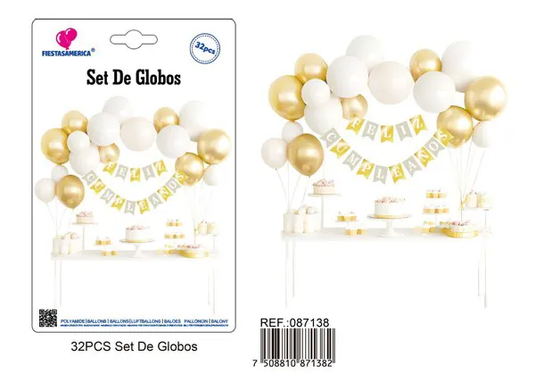 Set de globos con guirnalda de Feliz Cumpleaños blanco y dorado