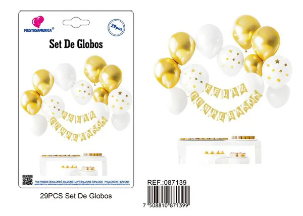 Set de globos con guirnalda de Feliz Cumpleaños dorado