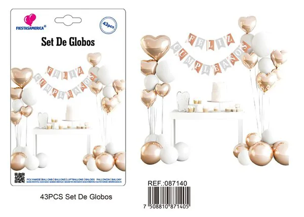 Set de globos con guirnalda de Feliz Cumpleaños oro rosa y plateado