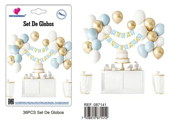 Set de globos con guirnalda de Feliz Cumpleaños azul y dorado