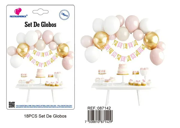 Set de globos con guirnalda de Feliz Cumpleaños dorado y rosa