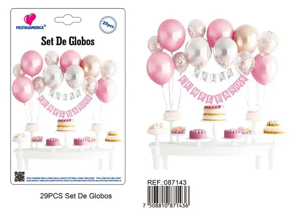 Set de globos con guirnalda de Feliz Cumpleaños rosa y plateado