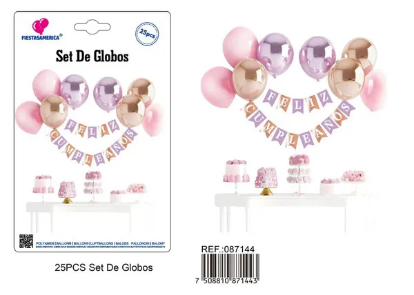 Set de globos con guirnalda de Feliz Cumpleaños morado y oro rosa
