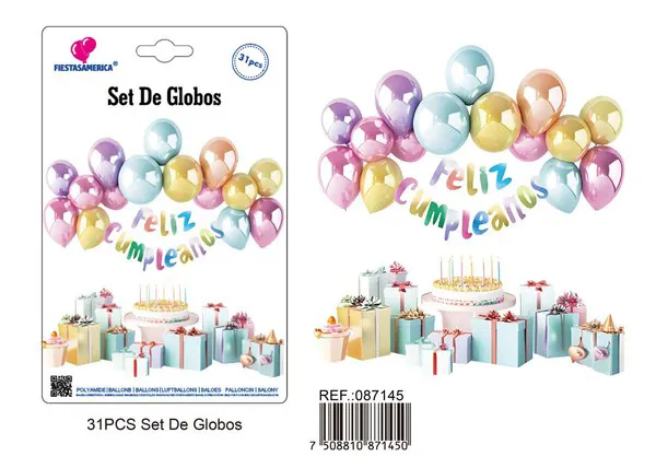 Set de globos con guirnalda de Feliz Cumpleaños multicolor y plateado