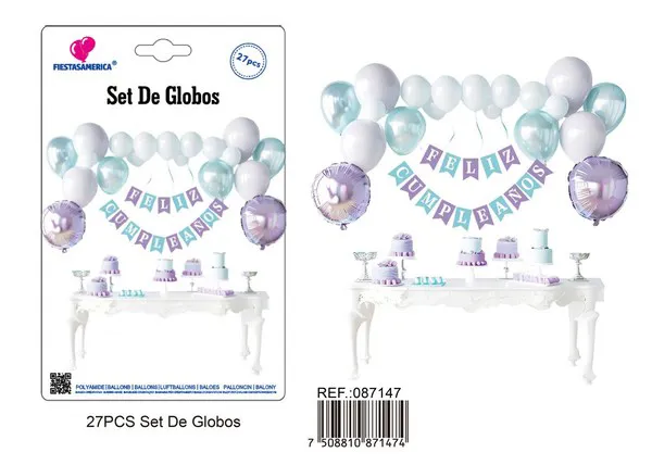 Set de globos con guirnalda de Feliz Cumpleaños azul y morado