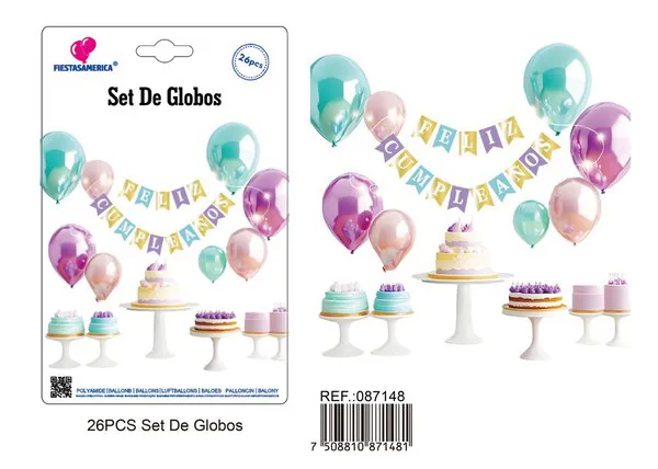 Set de globos con guirnalda de Feliz Cumpleaños dorado, verde y morado con luces