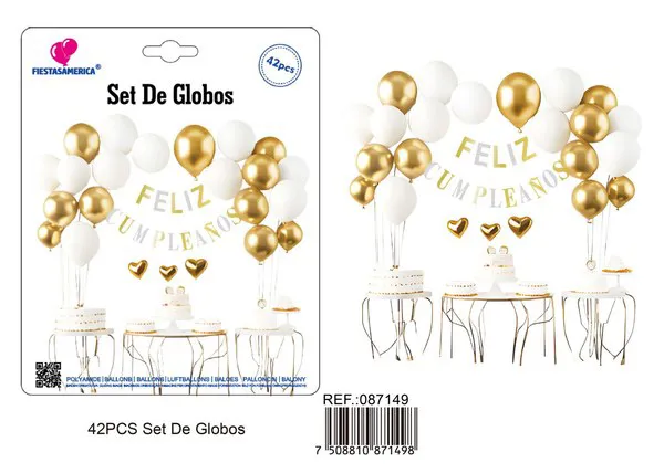 Set de globos con guirnalda de Feliz Cumpleaños dorado y plateado