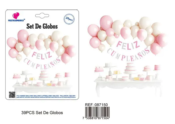 Set de globos con guirnalda de Feliz Cumpleaños rosa y plateado