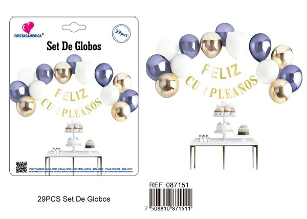 Set de globos con guirnalda de Feliz Cumpleaños dorado