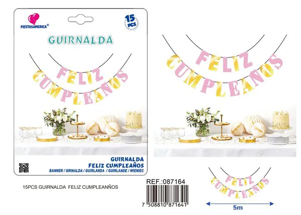 Guirnalda de Feliz Cumpleaños dorada y rosa