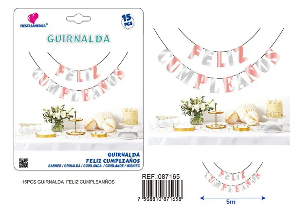 Guirnalda de Feliz Cumpleaños oro rosa y plateada