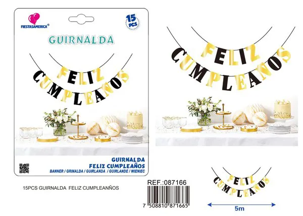 Guirnalda de Feliz Cumpleaños dorada y negra