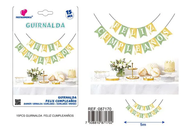Guirnalda de Feliz Cumpleaños dorada y verde