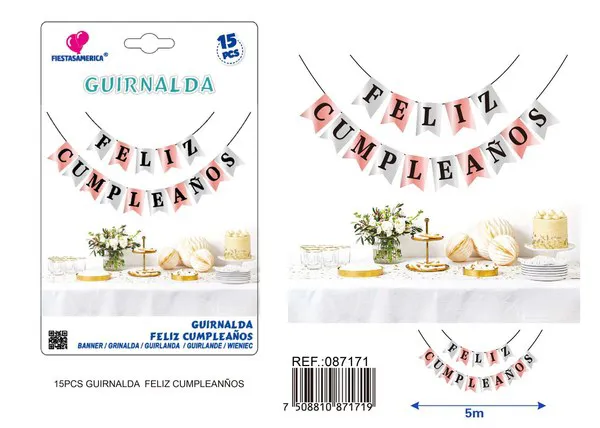 Guirnalda de Feliz Cumpleaños plateada y oro rosa