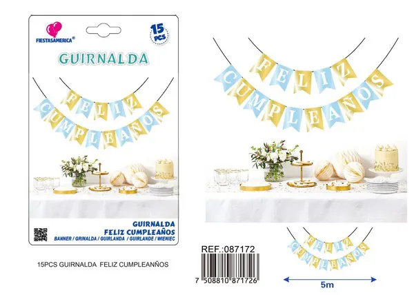 Guirnalda de Feliz Cumpleaños dorada y azul claro