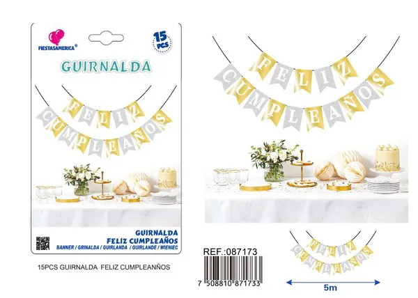 Guirnalda de Feliz Cumpleaños plateada y dorada con glitter
