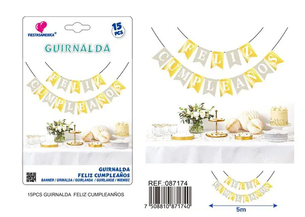 Guirnalda de Feliz Cumpleaños plateada y dorada con glitter