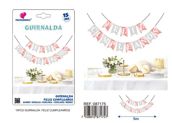 Guirnalda de Feliz Cumpleaños dorada y plateada con glitter