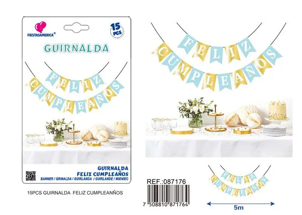 Guirnalda de Feliz Cumpleaños azul y dorada