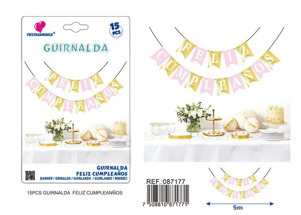 Guirnalda de Feliz Cumpleaños dorada y rosa