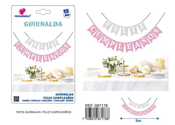 Guirnalda de Feliz Cumpleaños rosa y plateada