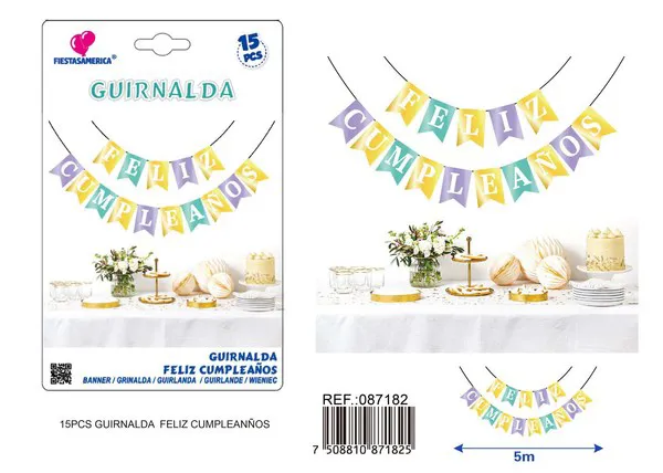 Guirnalda de Feliz Cumpleaños dorada, azul y morada