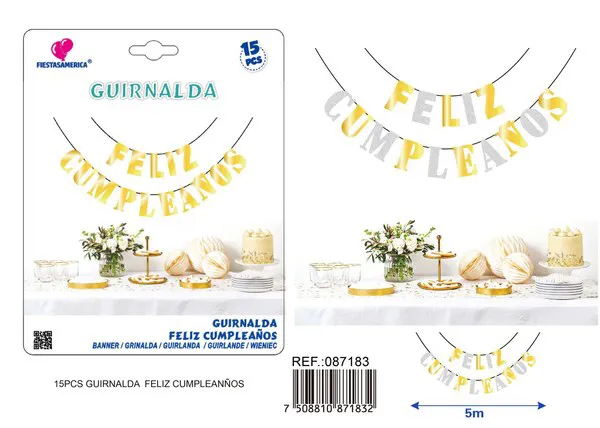 Guirnalda de Feliz Cumpleaños dorada y plateada con glitter