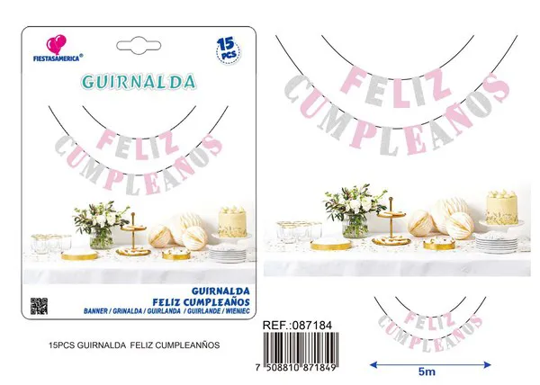 Guirnalda de Feliz Cumpleaños rosa y plateada con glitter