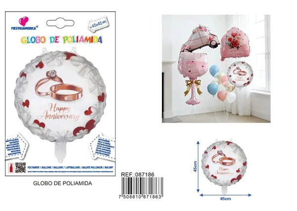 Globo de aluminio de anillos y corazón de aniversario
