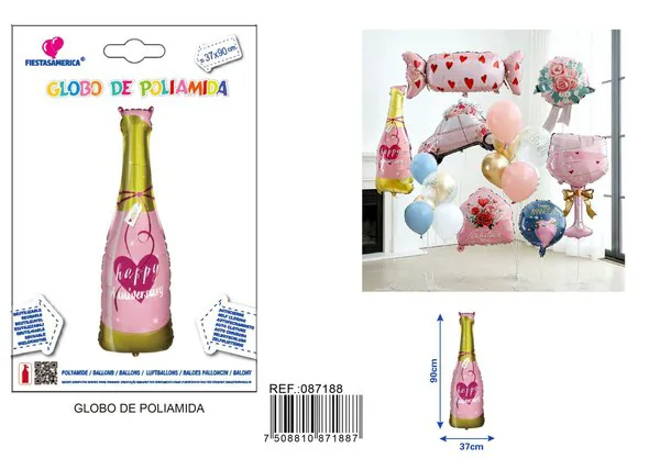 Globo de aluminio de corazón y champán de aniversario