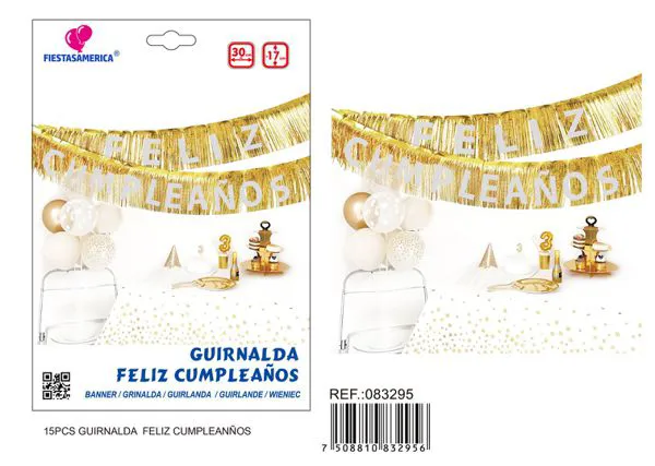 Guirnalda de flecos dorados con letras plateadas