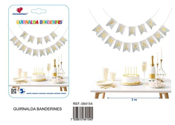 Guirnalda de Feliz Cumpleaños plateada holográfica
