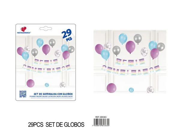 Guirnalda de globos morado, azul y dorado
