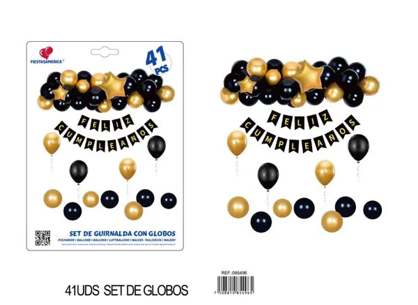 Guirnalda de globos de cumpleaños negro y dorado