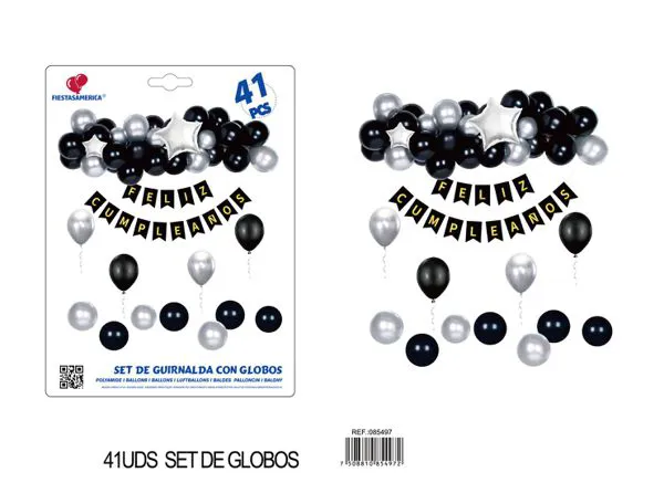 Guirnalda de globos de cumpleaños negro y plateado