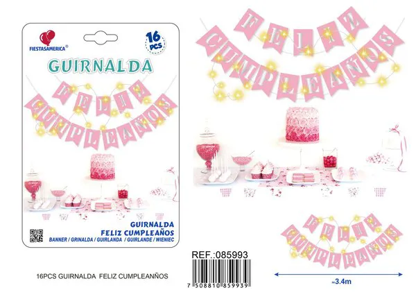 Guirnalda de Feliz Cumpleaños rosa plateada con luces LED