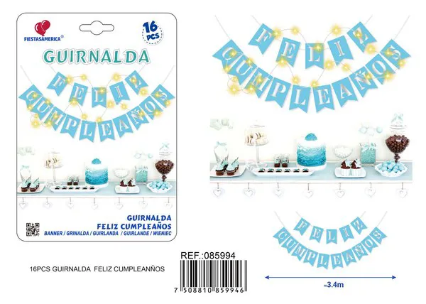 Guirnalda de Feliz Cumpleaños azul plateada con luces LED