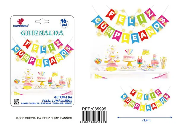 Guirnalda de Feliz Cumpleaños multicolor con luces LED