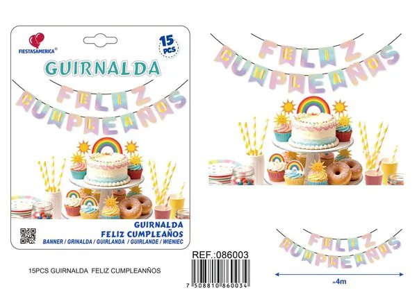 Guirnalda de Feliz Cumpleaños multicolor degradado dorado