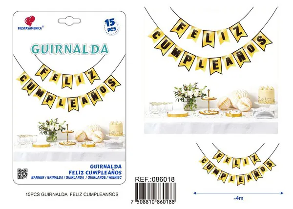 Guirnalda de Feliz Cumpleaños negro y dorado