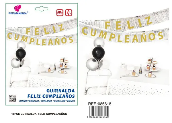 Guirnalda de flecos plateados con letras doradas