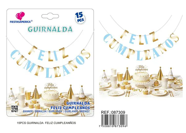 Guirnalda de Feliz Cumpleaños azul y dorado