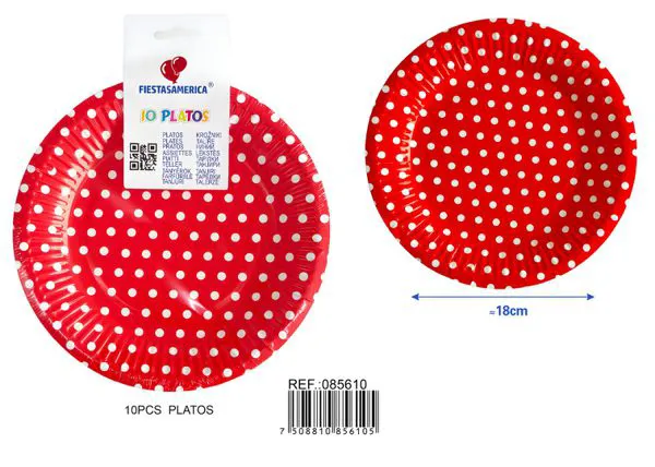 Platos de papel rojo de lunares