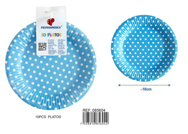 Platos de papel azul de lunares
